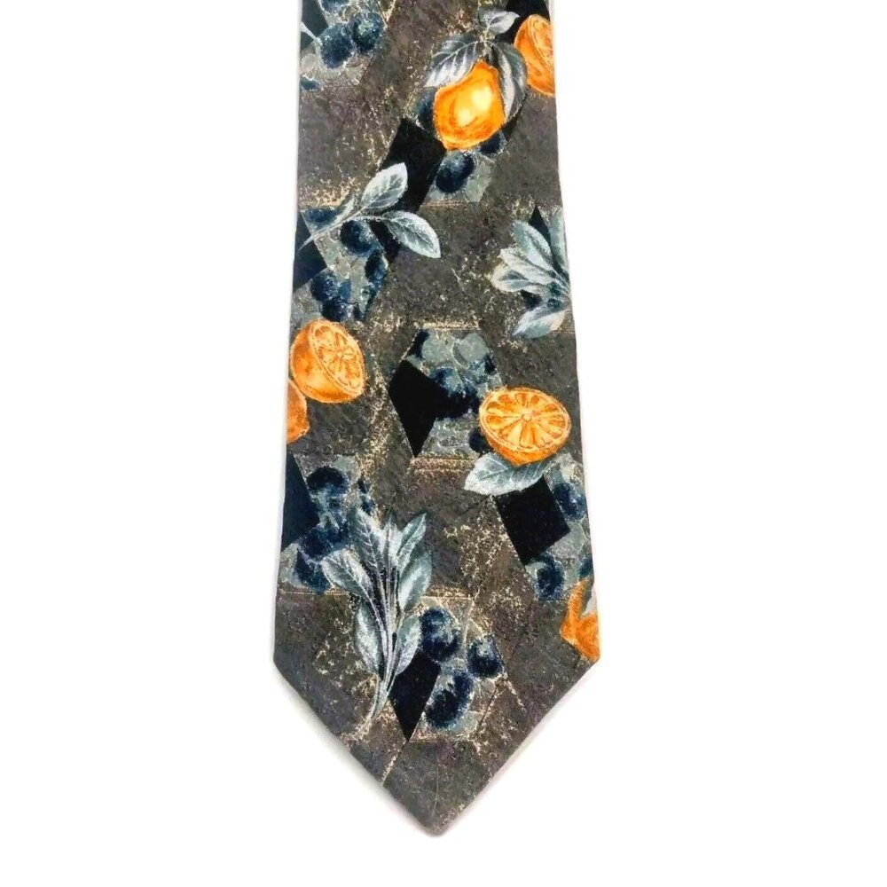 Ermenegildo Zegna Silk Neck Tie Meyer  Lemons Leaves Floral Black Gray Y…